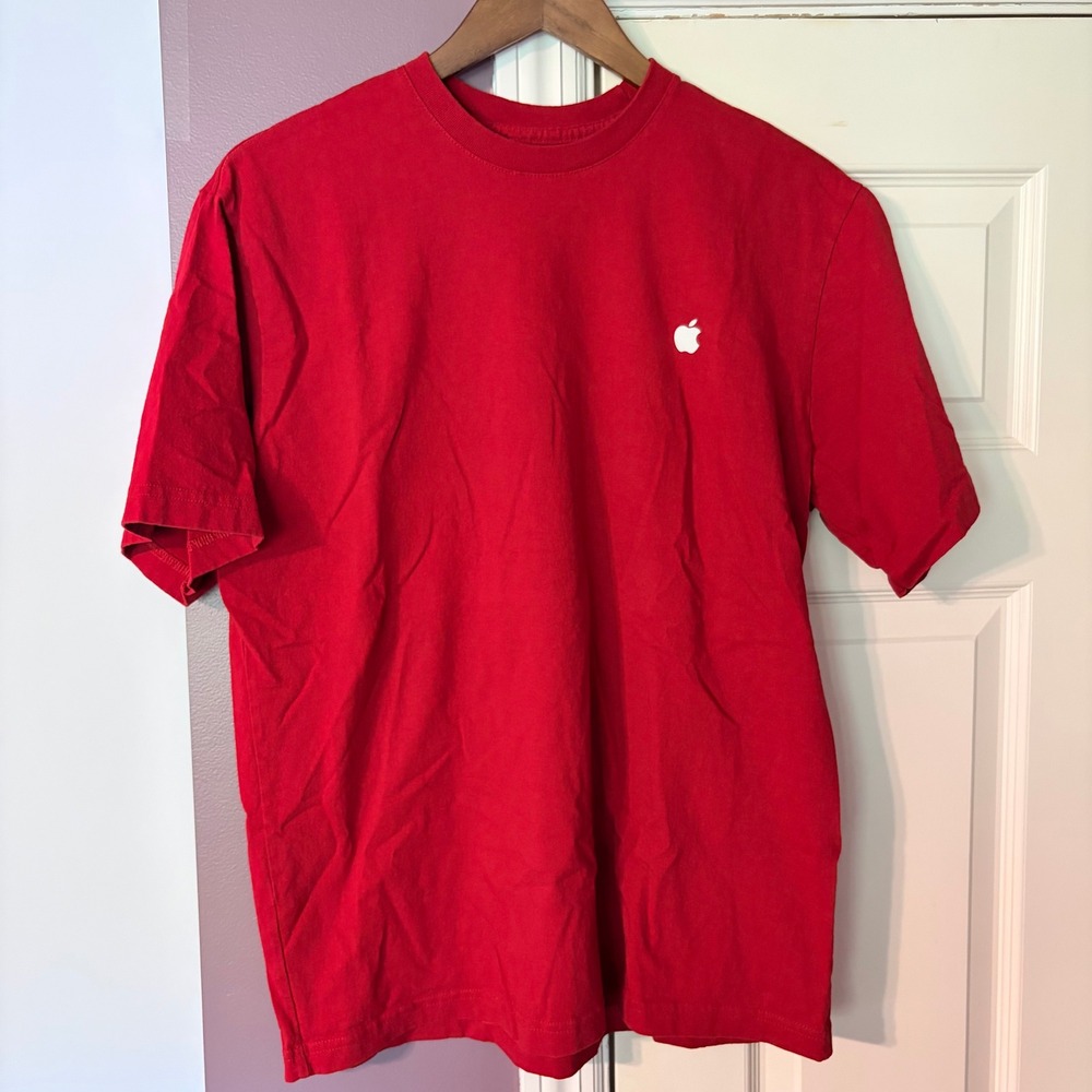 Apple T-Shirt Large Tech Red Short Sleeve Embroidered‎ Logo Cotton USA Made Tee
